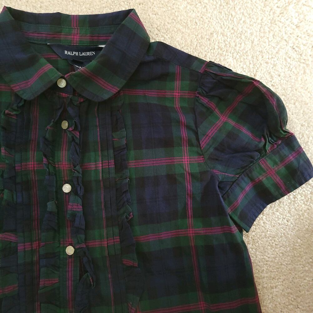 Ralph Lauren Shirt Girls 5 Cotton Plaid Puff Shoulder Pintuck Ruffle Button